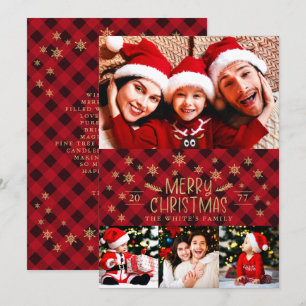 Cartes Pour Fêtes Annuelles Joyeux Noël Rouge Plaid Gold Snowflakes 4 Photos