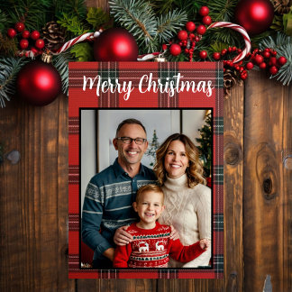 Cartes Pour Fêtes Annuelles joyeux Noël rouge plaid photo de famille personnal