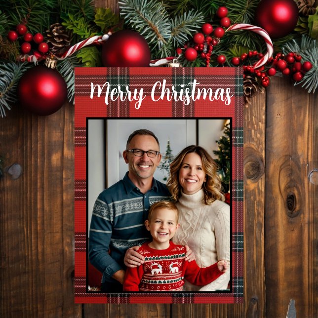 Cartes Pour Fêtes Annuelles joyeux Noël rouge plaid photo de famille personnal (Créateur téléchargé)