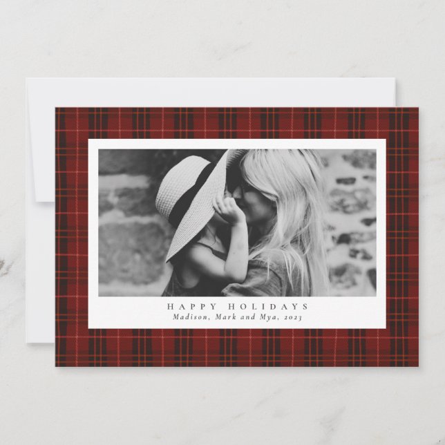 Cartes Pour Fêtes Annuelles Joyeux Noël Rouge Plaid Une photo (Devant)