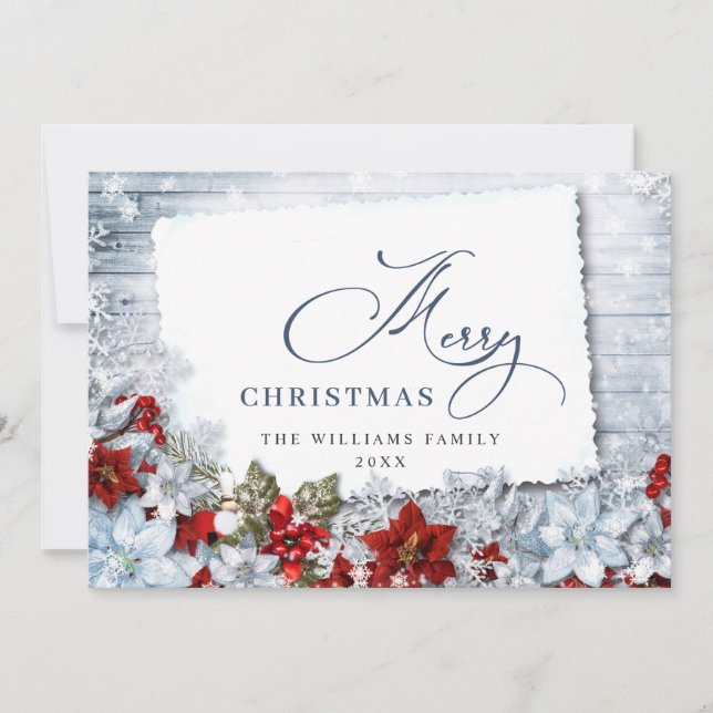 Cartes Pour Fêtes Annuelles Joyeux Noël Rouge Poinsettia Bois rustique (Devant)