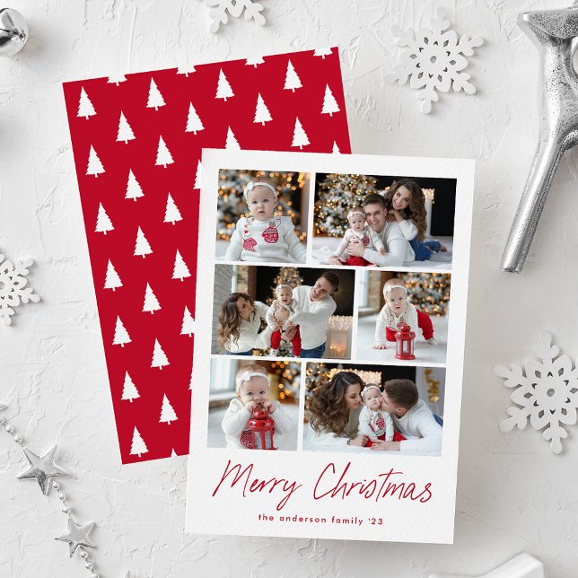 Cartes Pour Fêtes Annuelles Joyeux Noël Rouge Script 6 Photo Collage (Créateur téléchargé)