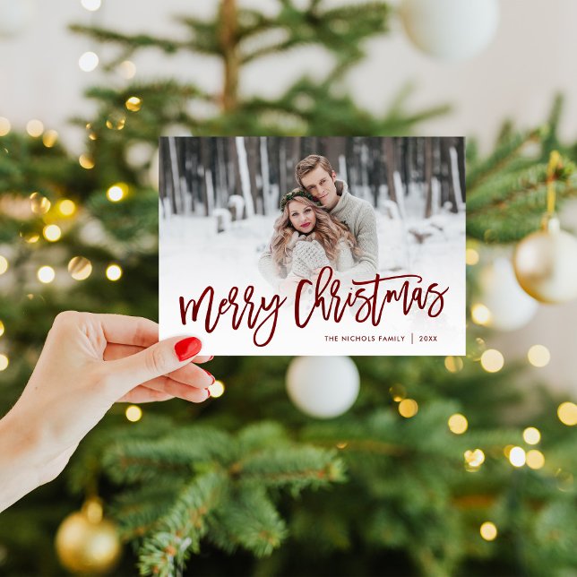 Cartes Pour Fêtes Annuelles Joyeux Noël Rouge Script photo superposition (Créateur téléchargé)