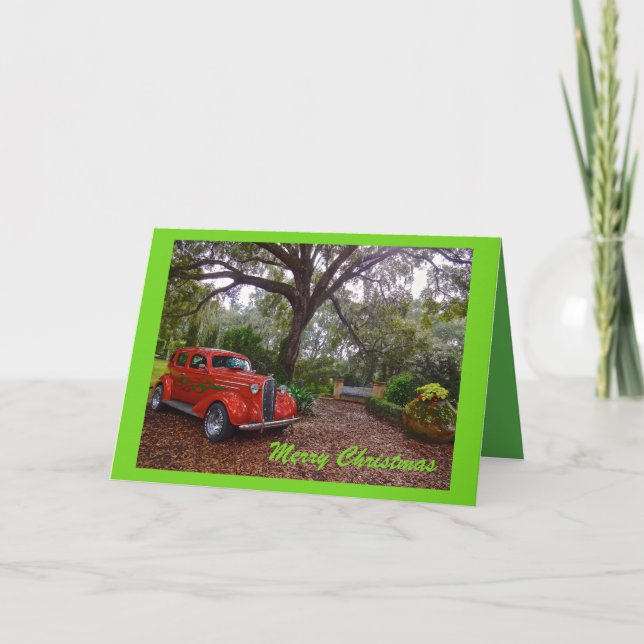 Cartes Pour Fêtes Annuelles Joyeux Noël Rouge & Vert Classic Car Bok Garden (Devant)