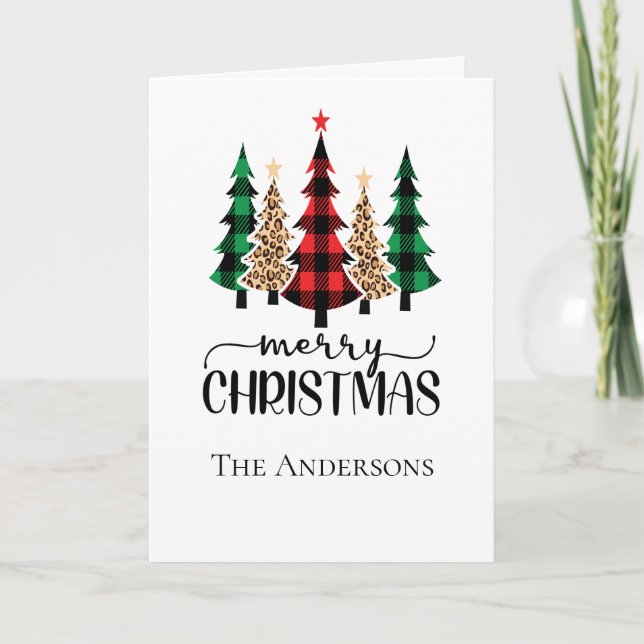Cartes Pour Fêtes Annuelles Joyeux Noël Rouge Vert et Noir Plaid Arbres (Devant)