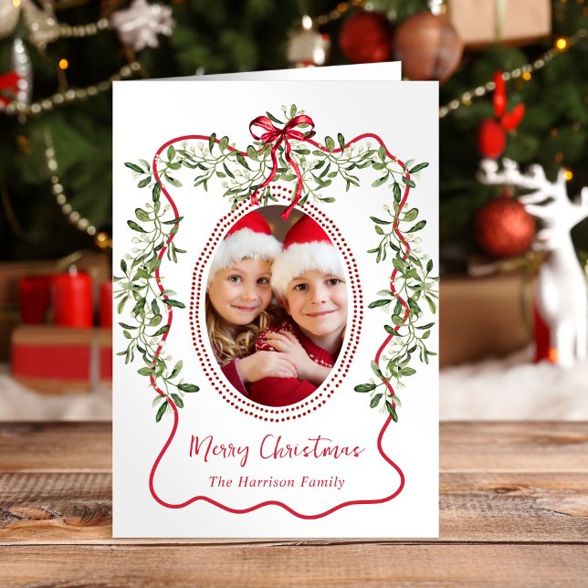 Cartes Pour Fêtes Annuelles Joyeux Noël Rouge Wavy Frame Bow Green Photo (Créateur téléchargé)