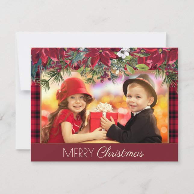 Cartes Pour Fêtes Annuelles Joyeux Noël Russe Plaid Rouge Poinsettias Photo (Devant)