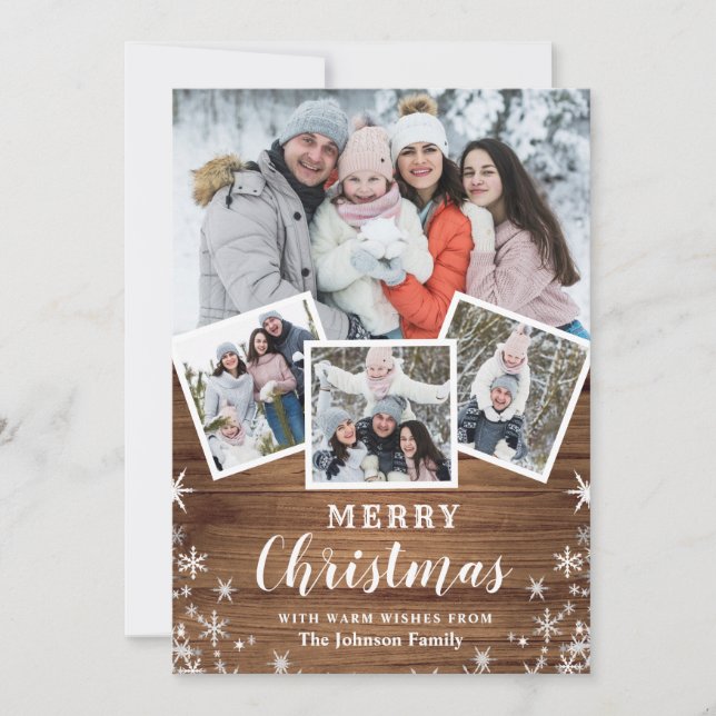 Cartes Pour Fêtes Annuelles Joyeux Noël Rustique 4 Photo Collage Famille (Devant)