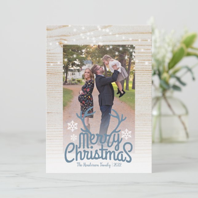 Cartes Pour Fêtes Annuelles Joyeux Noël Rustique Antlers Photo String Light (Debout devant)