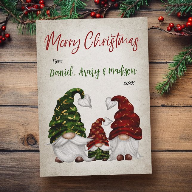 Cartes Pour Fêtes Annuelles Joyeux Noël Rustique Aquarelle Famille Gnome (Available in high quality print or digital download for quick text messaging, email or self print.)
