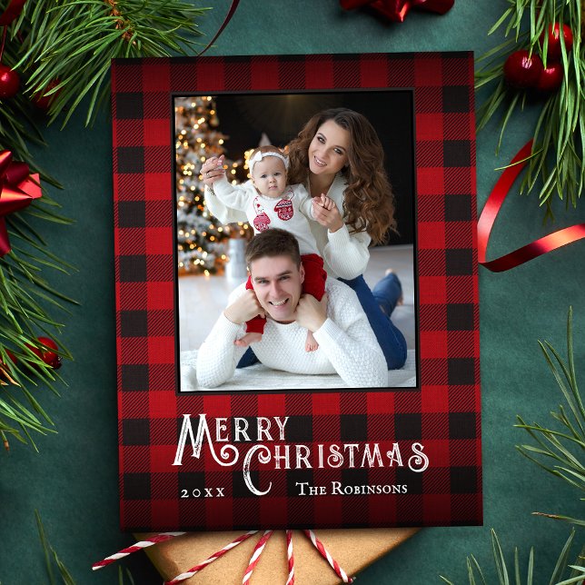 Cartes Pour Fêtes Annuelles Joyeux Noël Rustique Buffalo Rouge Plaid Photo (Créateur téléchargé)