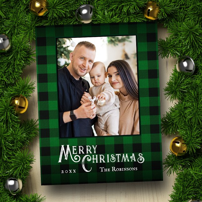 Cartes Pour Fêtes Annuelles Joyeux Noël Rustique Buffalo Vert Plaid Photo (Créateur téléchargé)