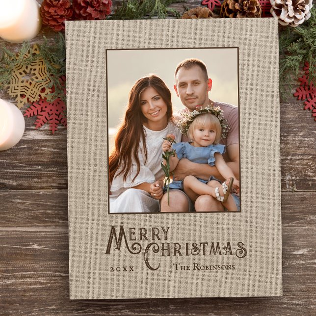 Cartes Pour Fêtes Annuelles Joyeux Noël Rustique Burlap Imprimer Photo Fête (Créateur téléchargé)