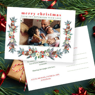 Cartes Pour Fêtes Annuelles Joyeux Noël rustique rouge floral photo de famille