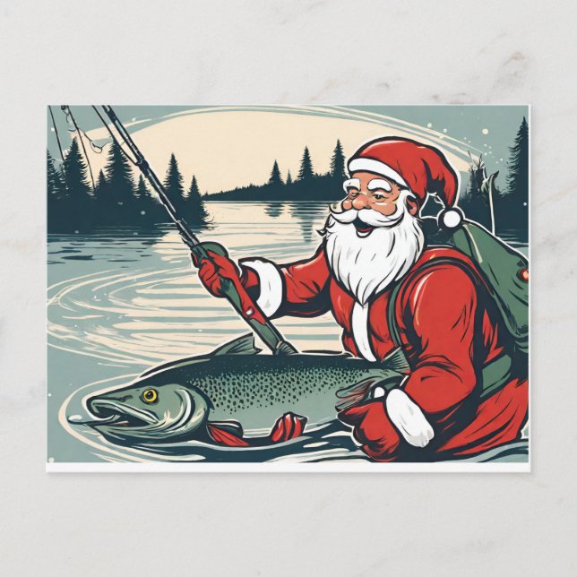 Cartes Pour Fêtes Annuelles Joyeux Noël Santa Claus Pêche Poissons (Devant)