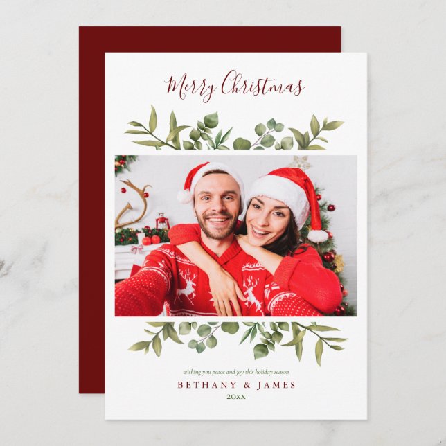 Cartes Pour Fêtes Annuelles Joyeux Noël Script de verdure Couples Photo (Devant / Derrière)