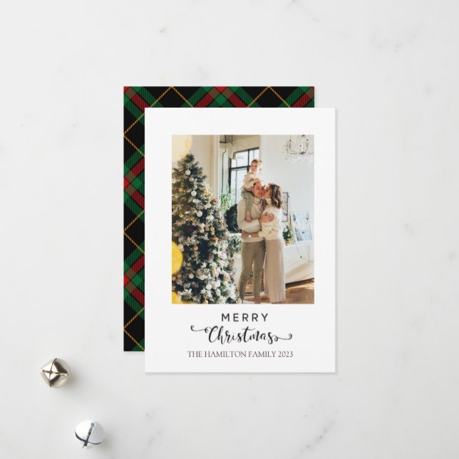 Cartes Pour Fêtes Annuelles Joyeux Noël Script Navy Plaid Tartan Photo (Devant/Arrière en situation)