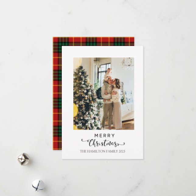 Cartes Pour Fêtes Annuelles Joyeux Noël Script Rouge Plaqué Tartan Photo (Devant/Arrière en situation)
