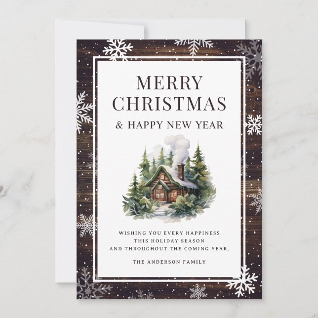 Cartes Pour Fêtes Annuelles Joyeux Noël Snowflakes Log Cabine (Devant)