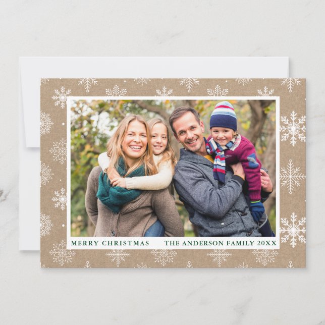 Cartes Pour Fêtes Annuelles Joyeux Noël Snowflakes Photo Kraft (Devant)