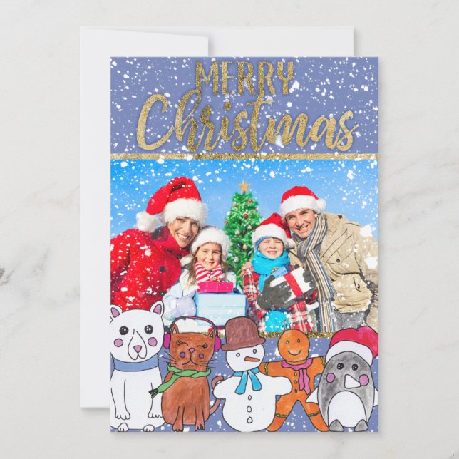 Cartes Pour Fêtes Annuelles Joyeux Noël Snowman et amis Photo famille (Devant)