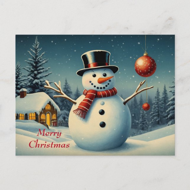 Cartes Pour Fêtes Annuelles Joyeux Noël Snowman et paysage hivernal (Devant)