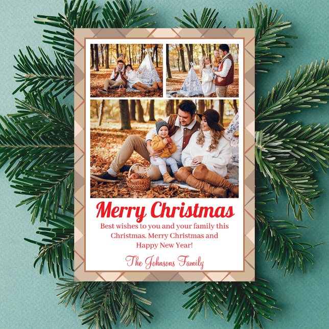 Cartes Pour Fêtes Annuelles joyeux noël tartan brun 3 photos de famille (Créateur téléchargé)