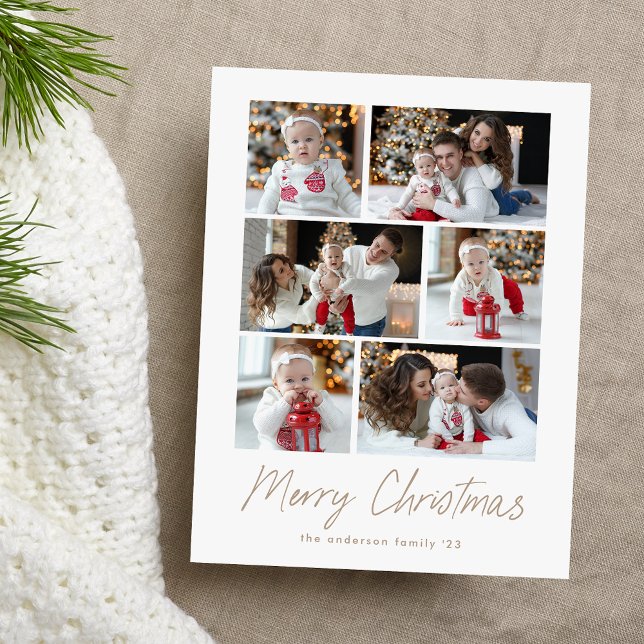 Cartes Pour Fêtes Annuelles Joyeux Noël Taupe Script 6 Photo Collage (Créateur téléchargé)
