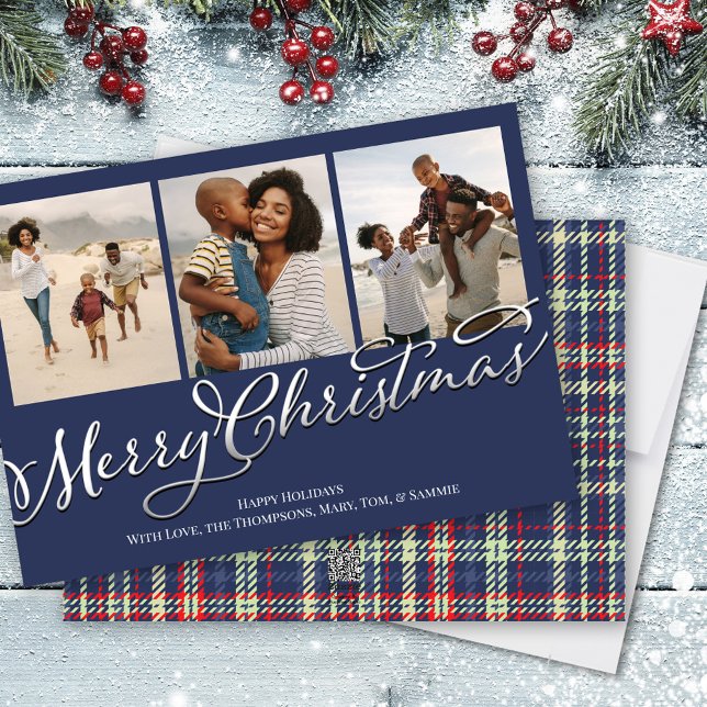 Cartes Pour Fêtes Annuelles Joyeux Noël traditionnel Photo Plaid Bleu Marine (Multi photo navy blue plaid holiday photo card)