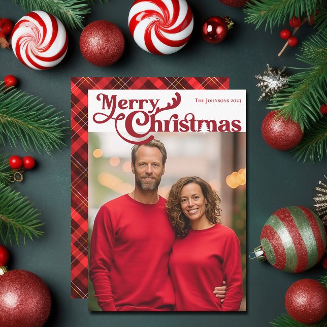 Cartes Pour Fêtes Annuelles Joyeux Noël traditionnel Photo Tartan rouge plaid (Créateur téléchargé)