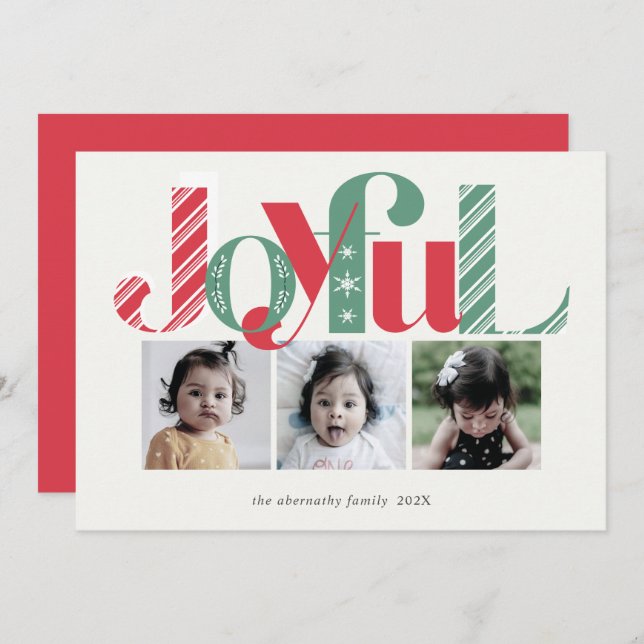 Cartes Pour Fêtes Annuelles Joyeux Noël Trois Photo Rouge Vert (Devant / Derrière)