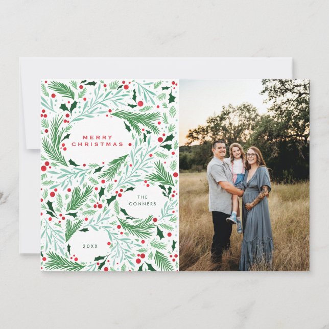 Cartes Pour Fêtes Annuelles Joyeux Noël Verdure et Berrie Design de vacances (Devant)