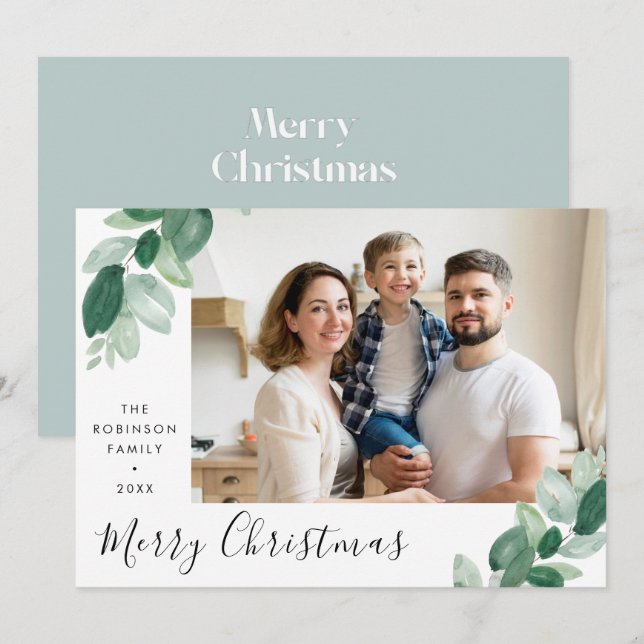 Cartes Pour Fêtes Annuelles joyeux noël verdure lettrage photo vacances c (Devant / Derrière)
