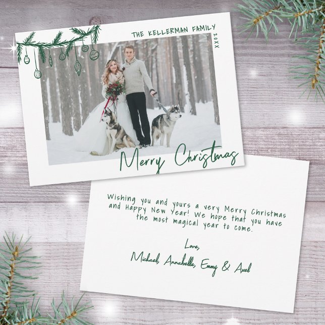 Cartes Pour Fêtes Annuelles Joyeux Noël vert blanc dessiné main (Hand Drawn Whimsical Green Merry Christmas Holiday Card)