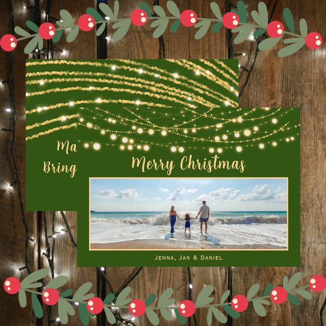 Cartes Pour Fêtes Annuelles Joyeux Noël Vert et Or photo unique (Merry Christmas Green and Gold Single Photo Holiday Card)
