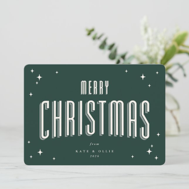 Cartes Pour Fêtes Annuelles Joyeux Noël Vert foncé Étoiles rétro Appartement (Debout devant)