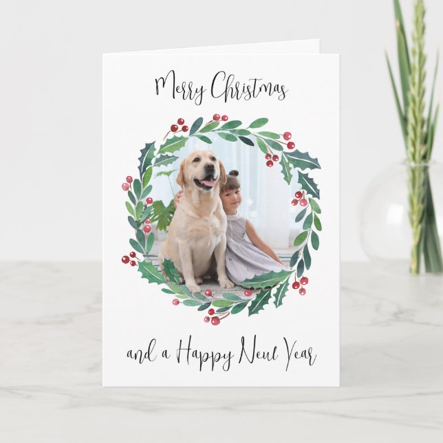 Cartes Pour Fêtes Annuelles Joyeux Noël vert Wreath Photo personnalisée (Devant)