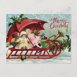 Cartes Pour Fêtes Annuelles Joyeux Noël Vintages enfants sur Père Noël Sleigh