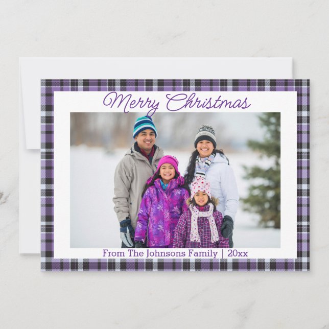 Cartes Pour Fêtes Annuelles joyeux noël violet tartan photo de famille (Devant)