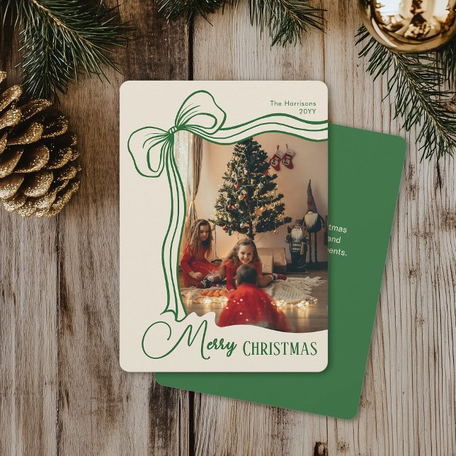 Cartes Pour Fêtes Annuelles Joyeux Noël Whimsical Main Draw Bow Photo (Créateur téléchargé)