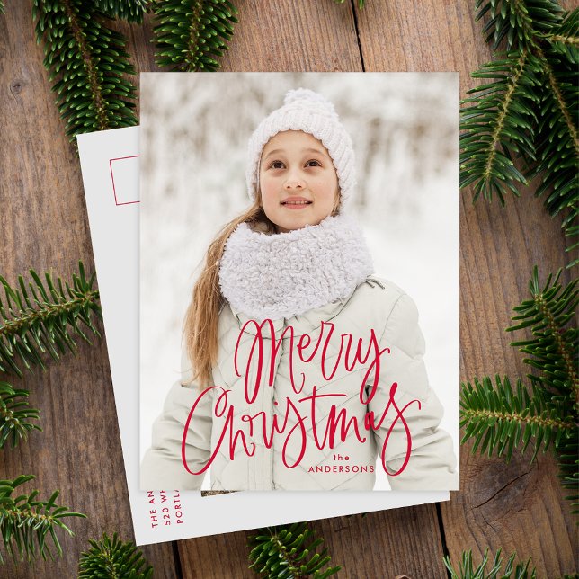 Cartes Pour Fêtes Annuelles Joyeux Noël Whimsical Red Script photo (Créateur téléchargé)
