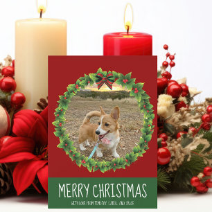 Cartes Pour Fêtes Annuelles Joyeux Noël Wreath mignon Custom Chien Photo Rouge