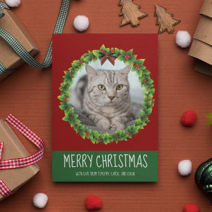 Cartes Pour Fêtes Annuelles Joyeux Noël Wreath mignonne Custom Cat Photo Rouge
