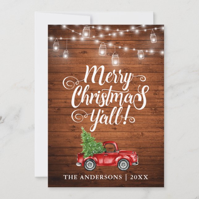 Cartes Pour Fêtes Annuelles Joyeux Noël Y'all Jar Lumières Camion Bois (Devant)