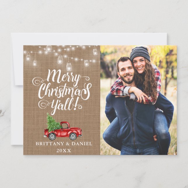 Cartes Pour Fêtes Annuelles Joyeux Noël Y'all Lights Burlap Camion Photo (Devant)