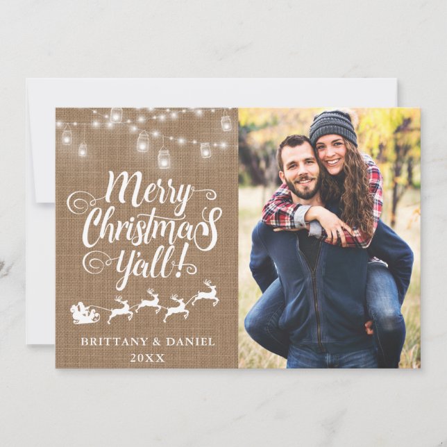 Cartes Pour Fêtes Annuelles Joyeux Noël Y'all Lights Burlap Couple Photo (Devant)