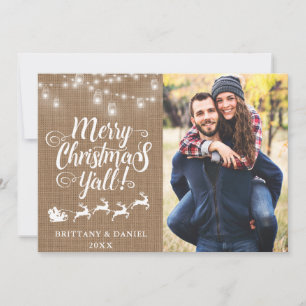 Cartes Pour Fêtes Annuelles Joyeux Noël Y'all Lights Burlap Couple Photo