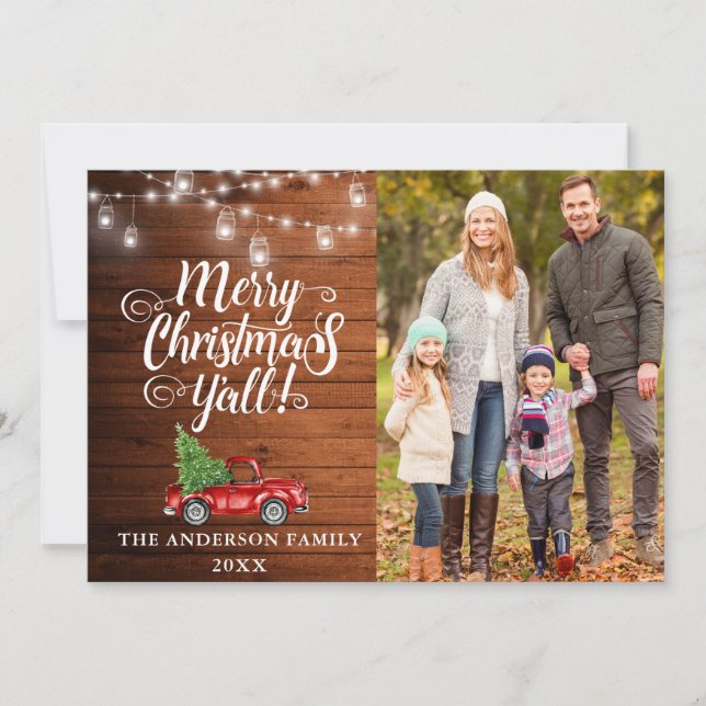 Cartes Pour Fêtes Annuelles Joyeux Noël Y'all Lumières photo Bois Camion (Devant)