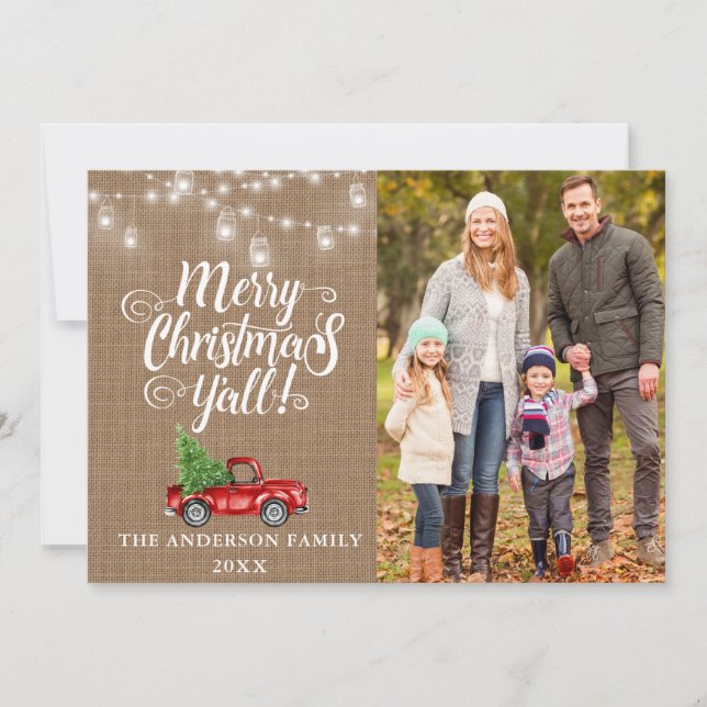 Cartes Pour Fêtes Annuelles Joyeux Noël Y'all Lumières photo Burlap Camion (Devant)