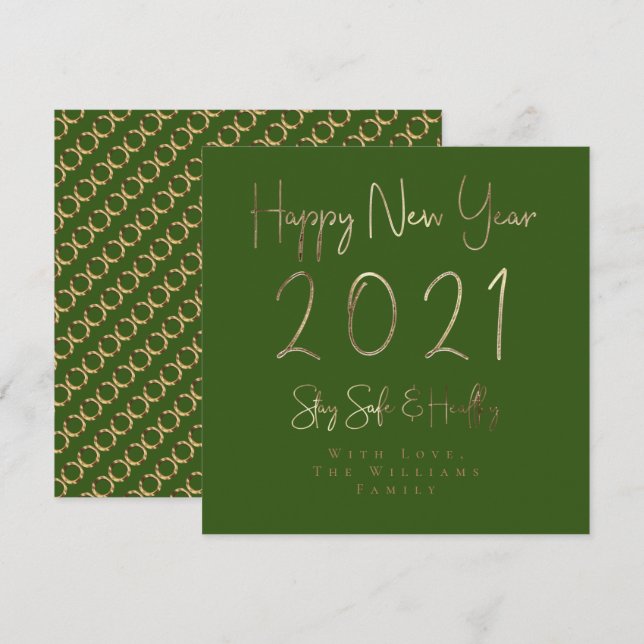 Cartes Pour Fêtes Annuelles Joyeux Nouvel An 2021 Élégant Gold Script Vert (Devant / Derrière)